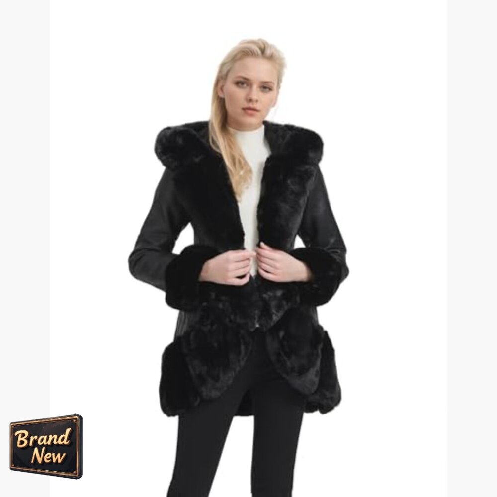 Faux Leather Coat with Faux Fur Collar, Belted Mid Length Winter Jacket - Picture 2 of 6